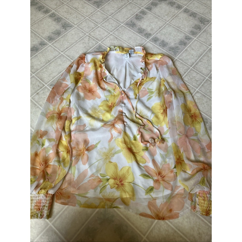 Joie Orange Yellow Chiffon Floral Blouse Long‎ Slv XS Covered Button lined loose
